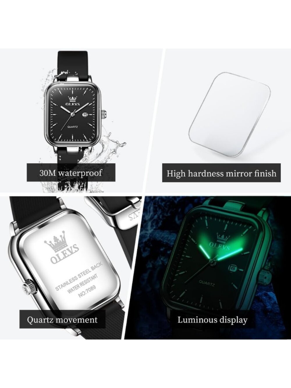 Women's Silver Black Square Silicone Band Waterproof Luxury Elegant Casual Watch - Picture 3 of 5